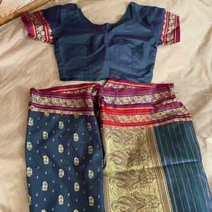 Teal blue Indian saree with stitched blouse